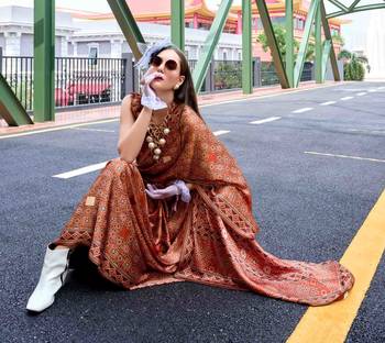 brown satin print saree with unstitched blouse piece 2