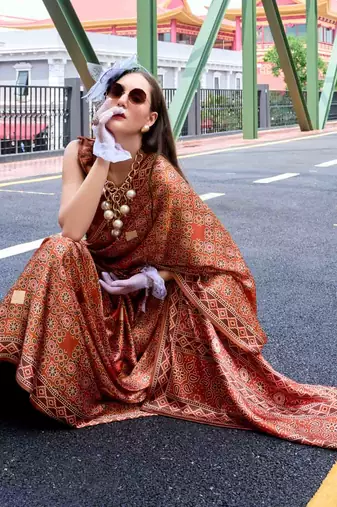 brown satin print saree with unstitched blouse piece