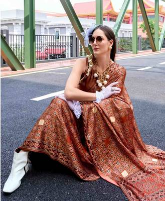 brown satin print saree with unstitched blouse piece 3