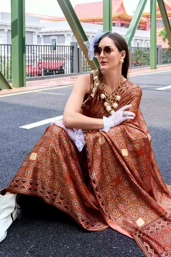 brown satin print saree with unstitched blouse piece