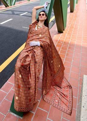 brown satin print saree with unstitched blouse piece 4
