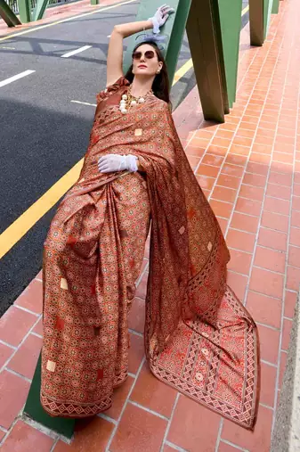 brown satin print saree with unstitched blouse piece