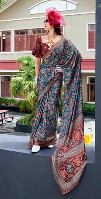 teal satin print saree with unstitched blouse piece 1