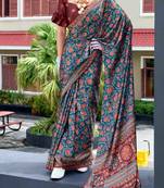 teal satin print saree with unstitched blouse piece