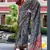 teal satin print saree with unstitched blouse piece