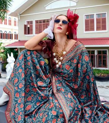 teal satin print saree with unstitched blouse piece 3