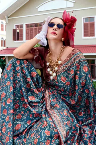 teal satin print saree with unstitched blouse piece
