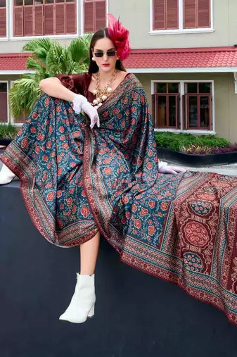 teal satin print saree with unstitched blouse piece