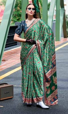 Women's green satin print saree with unstitched blouse piece 1