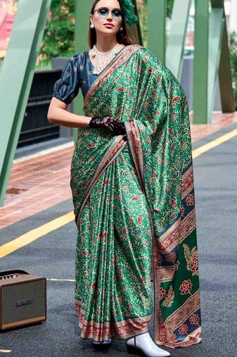Women's green satin print saree with unstitched blouse piece