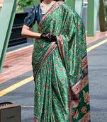 Women's green satin print saree with unstitched blouse piece