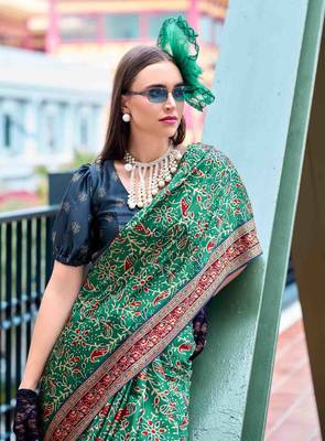 Women's green satin print saree with unstitched blouse piece 2