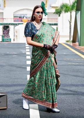 Women's green satin print saree with unstitched blouse piece 3
