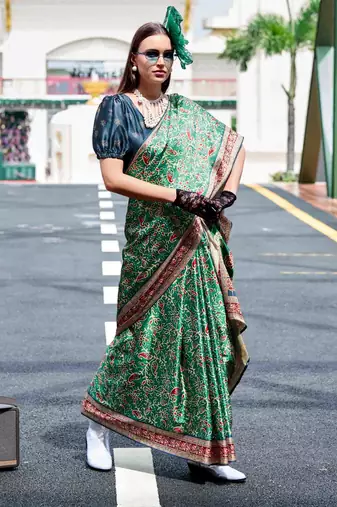 Women's green satin print saree with unstitched blouse piece