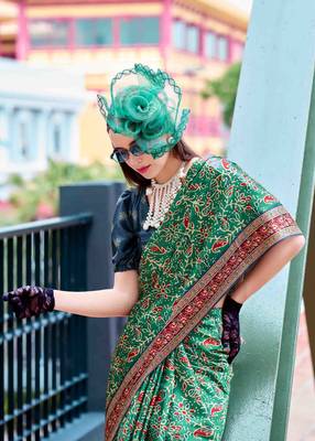 Women's green satin print saree with unstitched blouse piece 4