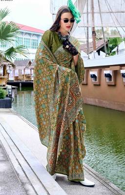 mehndi satin print saree with unstitched blouse piece 1