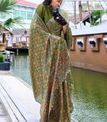 mehndi satin print saree with unstitched blouse piece
