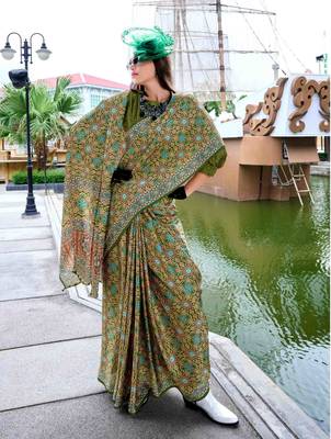 mehndi satin print saree with unstitched blouse piece 2