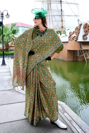 mehndi satin print saree with unstitched blouse piece