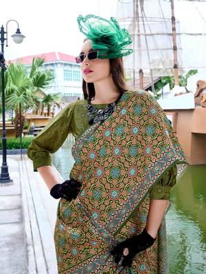 mehndi satin print saree with unstitched blouse piece 3
