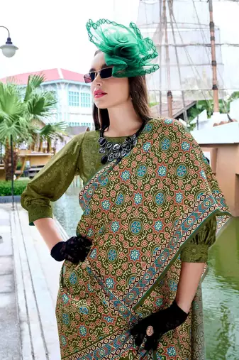 mehndi satin print saree with unstitched blouse piece