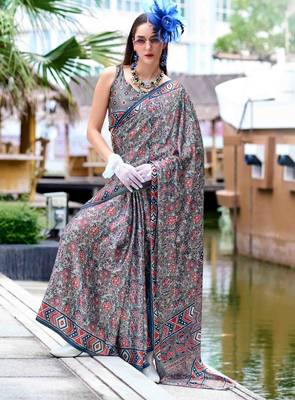 grey satin print saree with unstitched blouse piece 1