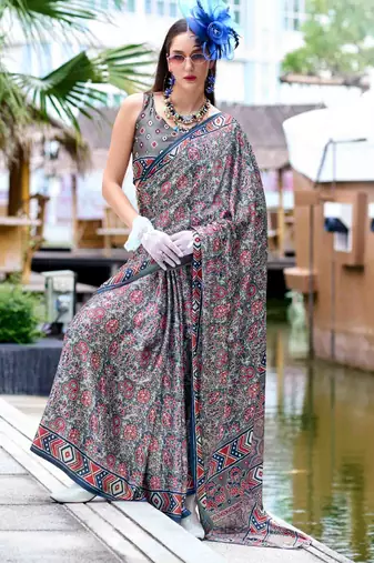 grey satin print saree with unstitched blouse piece