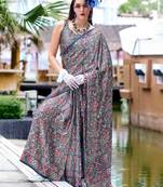 grey satin print saree with unstitched blouse piece