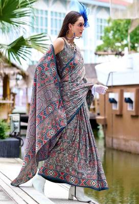 grey satin print saree with unstitched blouse piece 2