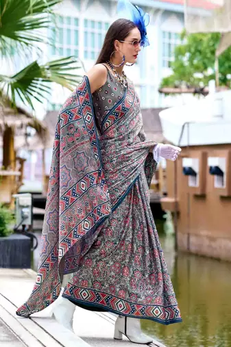 grey satin print saree with unstitched blouse piece