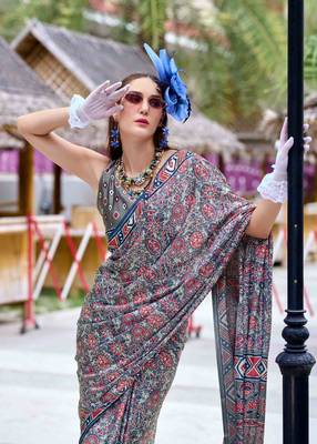 grey satin print saree with unstitched blouse piece 3