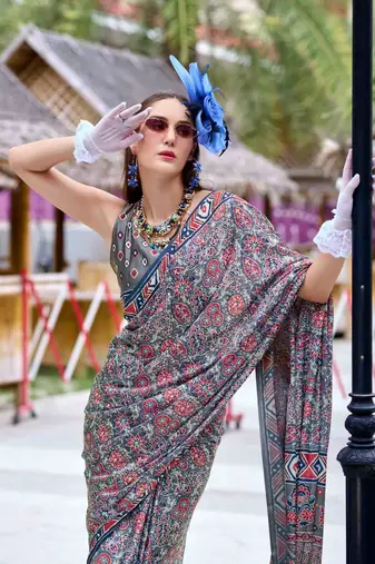 grey satin print saree with unstitched blouse piece