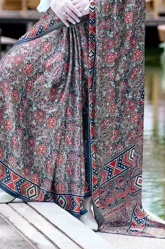 grey satin print saree with unstitched blouse piece