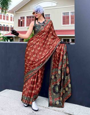 maroon satin print saree with unstitched blouse piece 1