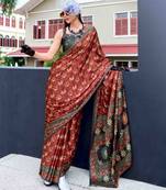 maroon satin print saree with unstitched blouse piece