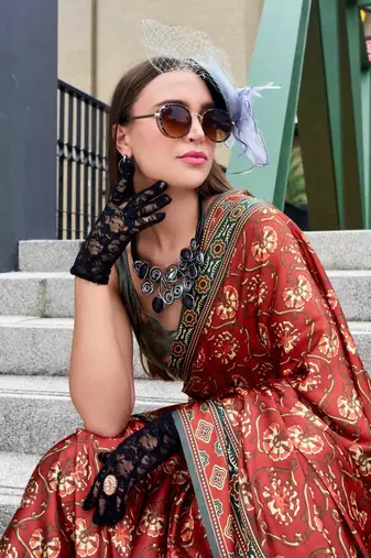 maroon satin print saree with unstitched blouse piece