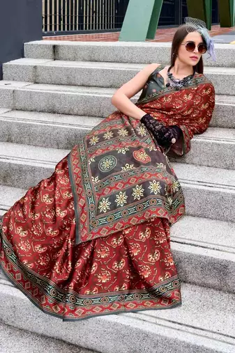 maroon satin print saree with unstitched blouse piece