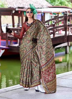 olive satin print saree with unstitched blouse piece 1