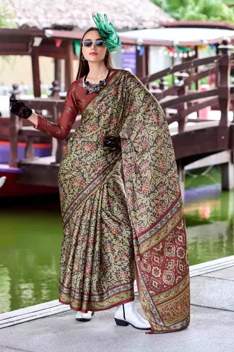 olive satin print saree with unstitched blouse piece