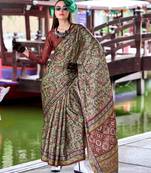 olive satin print saree with unstitched blouse piece