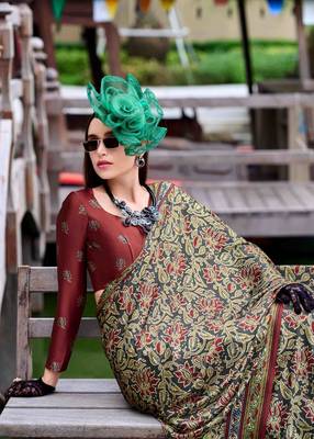 olive satin print saree with unstitched blouse piece 2