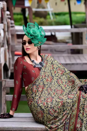 olive satin print saree with unstitched blouse piece