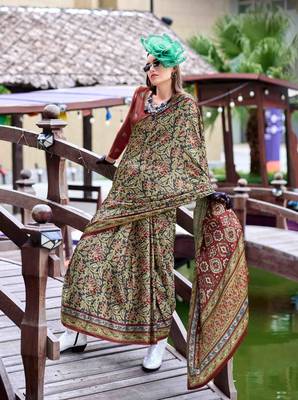 olive satin print saree with unstitched blouse piece 3