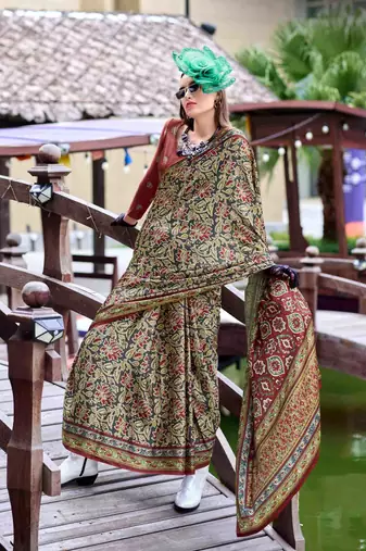 olive satin print saree with unstitched blouse piece