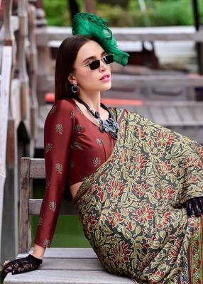 olive satin print saree with unstitched blouse piece 4