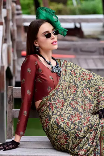olive satin print saree with unstitched blouse piece