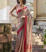 Women's brown cotton zari saree with unstitched blouse piece