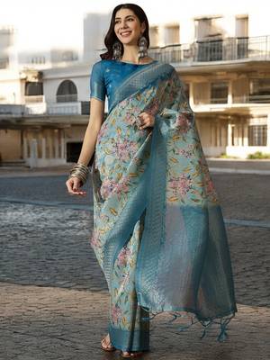 Women's blue poly silk blend saree with unstitched blouse piece 1
