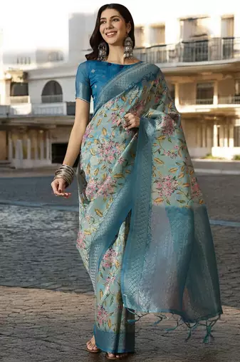Women's blue poly silk saree with unstitched blouse piece