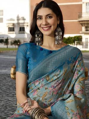 Women's blue poly silk blend saree with unstitched blouse piece 2